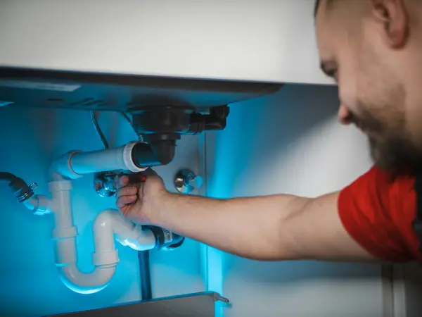 A plumber working under a sink
