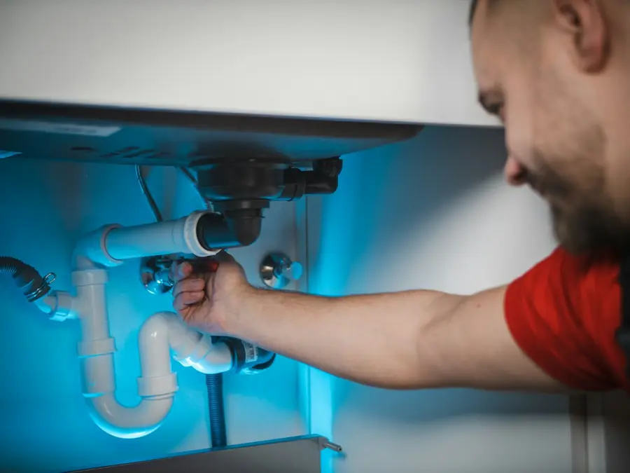 A plumber smiling while repairing pipes under a sink